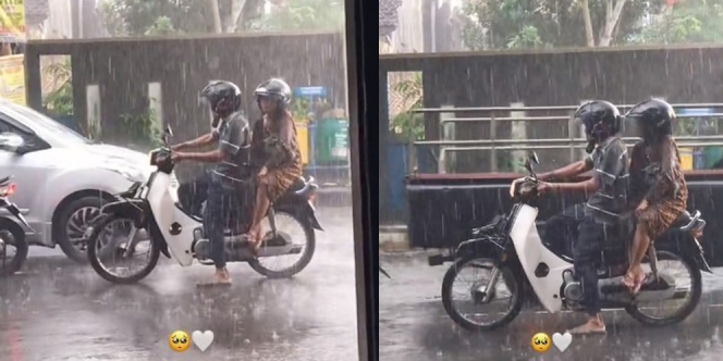 Bikin Baper, Kakek Nenek Ini Hujan-Hujanan Bareng di Atas Motor