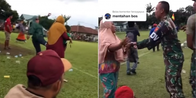 Hampir Adu Jotos di Pertandingan Sepakbola Tarkam, Emak-Emak Ini sampai Dilerai Anggota TNI