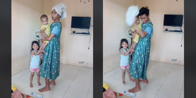 Pakai Daster hngga Balut Kepala dengan Handuk, Istri Ini Dibuat Kaget Sama Aksi Kocak Suami Saat Jaga Anaknya